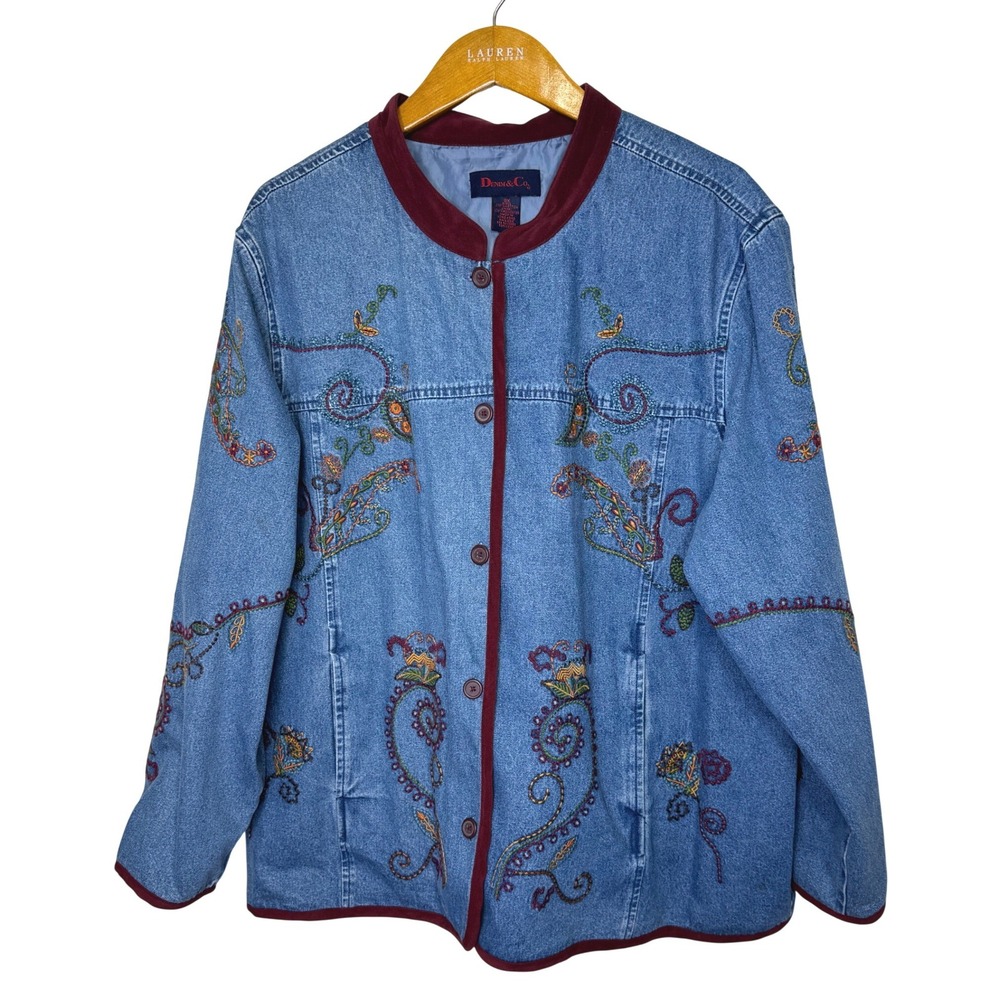 Vintage Denim & Co Denim Embroidered Jacket 2X Blue Cotton